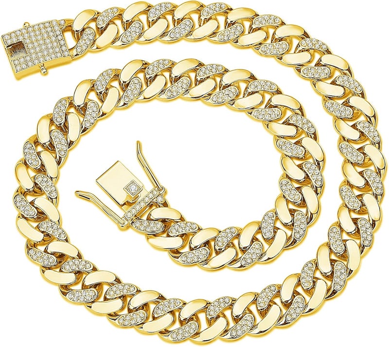 JUNVirtuous Cuban Link Chain Mens Iced Out Miami Cuban Necklace Silver/Gold Bling Diamond Hip Hop Jewelry for Women - Image 1